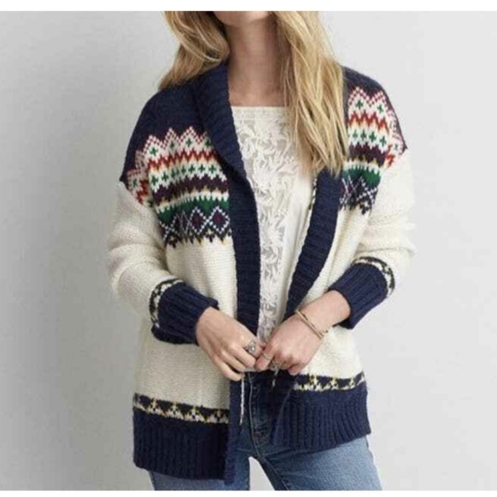 American Eagle Fair Isle Cardigan Chunky Knit Cream Navy Pockets, Size Xxl